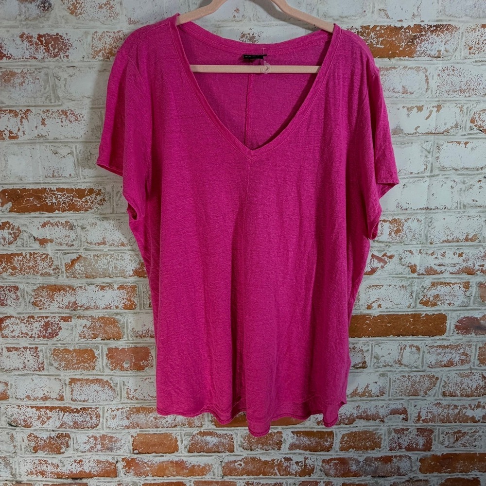 Tahari V-Neck Top Womens 2XL Pink Excellent 100% Linen Short Sleeve Tee
